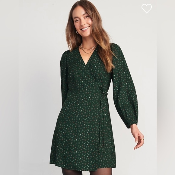 Puff-Sleeve Mini Wrap Dress for Women in Green Floral - Picture 1 of 1